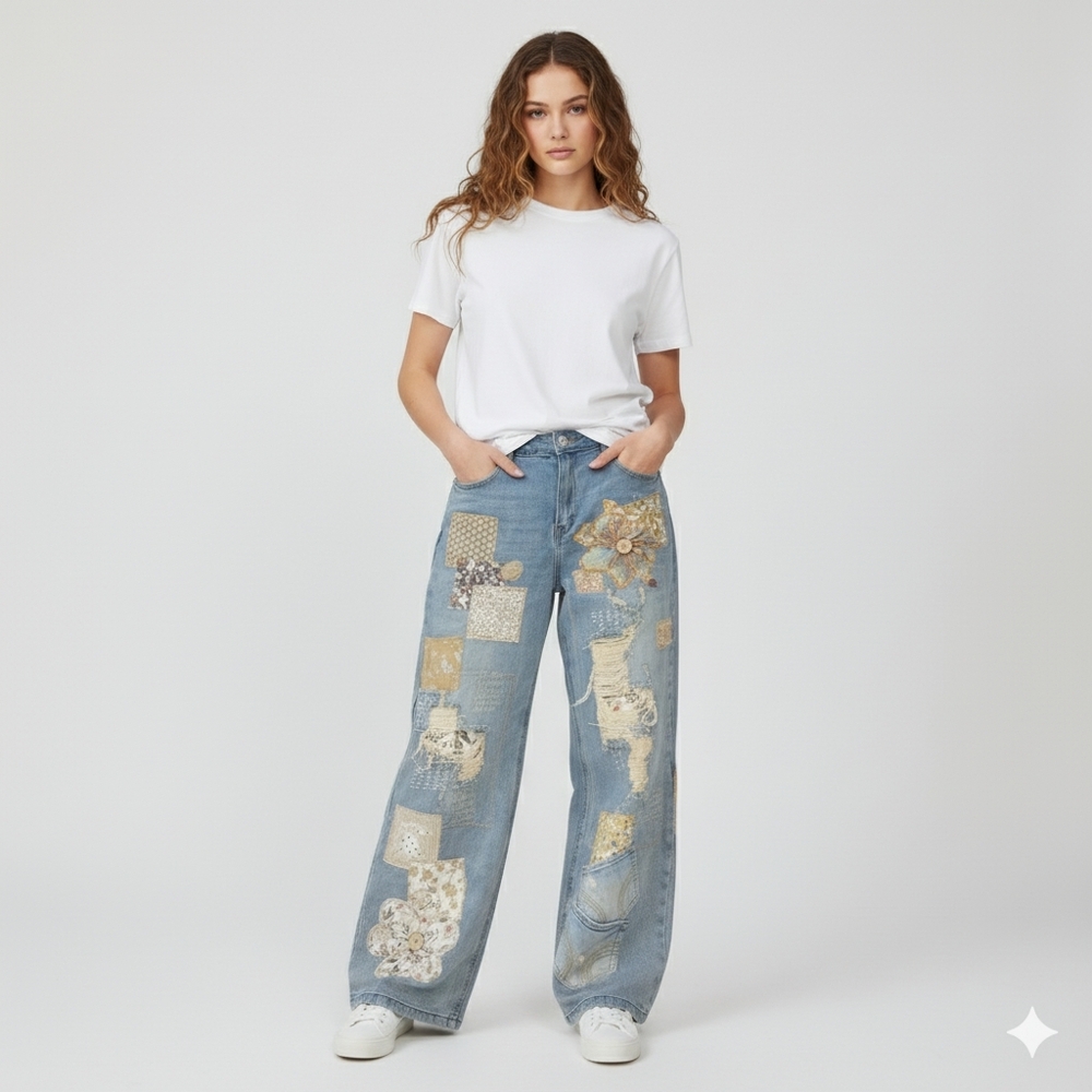 Custom And Handcrafted Patchwork Wide-Leg Jeans S… - image 1